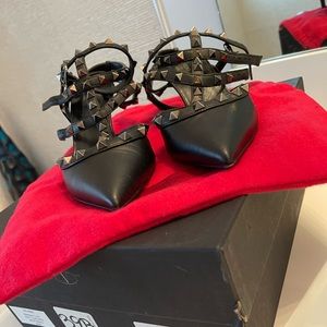 Valentino, Black, Pointy, Studed, Doublestrap on Ankle beautiful shoes.